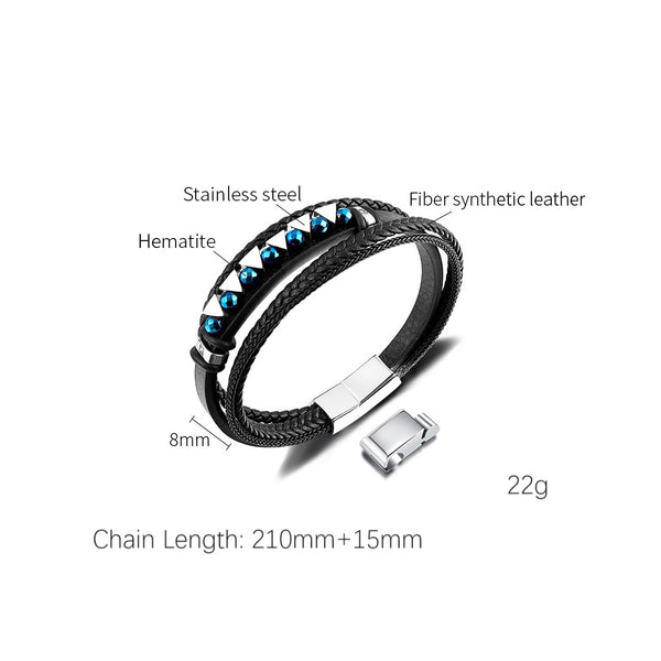 Men's Leather Bracelet with Blue Crystal Accents – Elegant Multi-Strand Design, Secure Magnetic Clasp-Men's Bracelet-SunnyHouse Jewelry