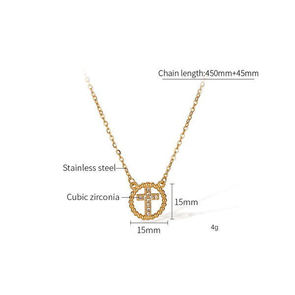 Women's Titanium Stainless Steel Cross Pendant Necklace, Gold-Plated Circle with Crystal Accents – Elegant Religious Jewelry for Everyday and Special Occasions-Women's Necklace-SunnyHouse Jewelry