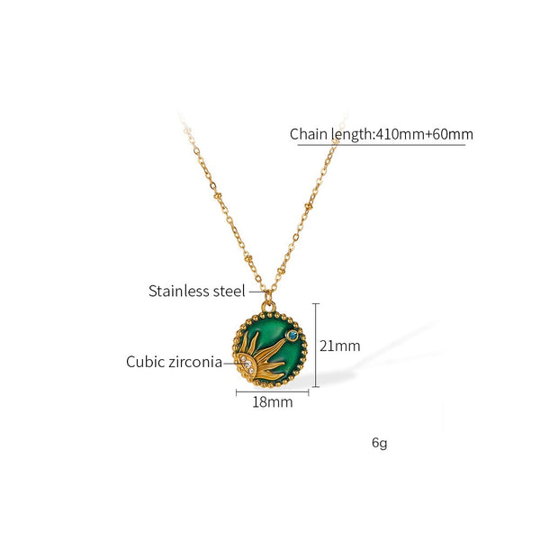 Women's Titanium Stainless Steel Sun and Moon Pendant Necklace with Green Enamel and Cubic Zirconia – Gold-Plated Chain – Hypoallergenic & Tarnish Resistant-Women's Necklace-SunnyHouse Jewelry