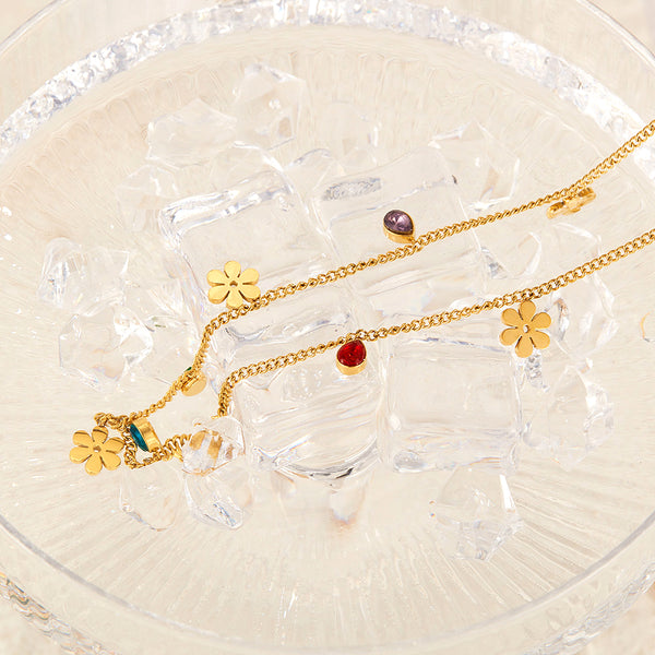 Women's Titanium Stainless Steel Flower and Gemstone Charm Necklace – Gold-Plated Chain – Hypoallergenic & Tarnish Resistant-Women's Necklace-SunnyHouse Jewelry