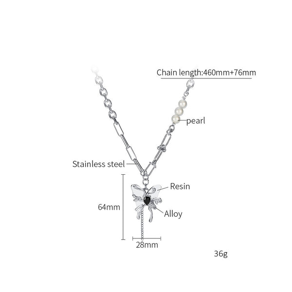 Women’s Butterfly Pendant Necklace with Pearls – Silver Chain Jewelry with Black Heart Crystal, Gothic Punk Style-Women's Necklace-SunnyHouse Jewelry