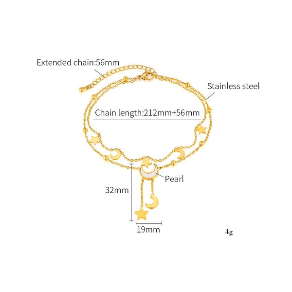 Women’s Titanium Stainless Steel Moon and Star Anklet – Gold Double-Layer Adjustable Chain Anklet with Celestial Charms – Hypoallergenic, Waterproof, Tarnish-Resistant-Women's Anklet-SunnyHouse Jewelry