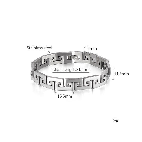 Men’s Titanium Stainless Steel Bracelet – Greek Key Link Chain Design, Polished Silver, Durable & Hypoallergenic Classic Bracelet for Men-Men's Bracelet-SunnyHouse Jewelry