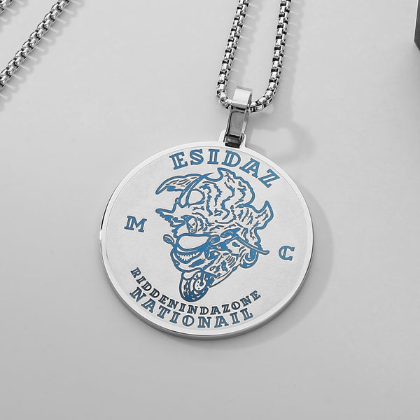 Men’s Titanium Stainless Steel Pendant Necklace – Circular Medallion Design with Engraved Blue Pattern – Durable Fashion Necklace for Men-Men's Pendant Necklace-SunnyHouse Jewelry