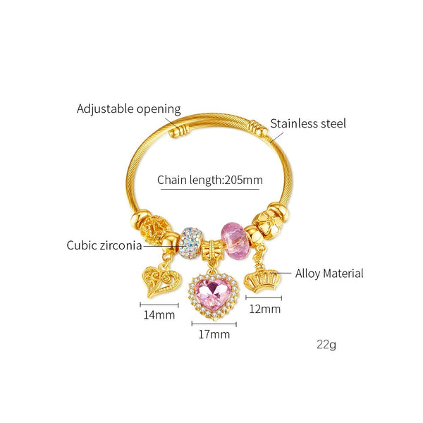 Gold Charm Bracelet for Women with Pink Heart and Crown Charms - Elegant and Stylish Jewelry for Any Occasion-Women's Bangle-SunnyHouse Jewelry