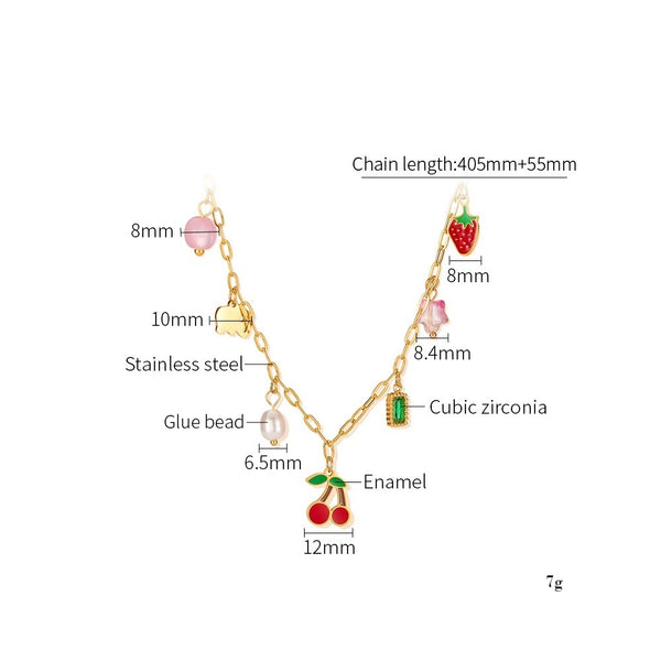 Women’s Titanium Stainless Steel Charm Pendant Necklace – Colorful Cherry, Pearl & Strawberry Dangle Charms – Gold Plated Playful Statement Necklace – Hypoallergenic & Durable-Women's Necklace-SunnyHouse Jewelry