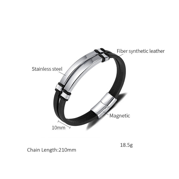 Men’s Leather Bracelet with Stainless Steel Plate – Black Double Band Design, Magnetic Clasp, Durable Fashion Jewelry for Men-Men's Bracelet-SunnyHouse Jewelry