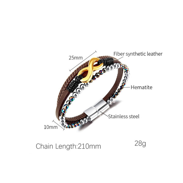 Men's Multilayer Leather and Crystal Beaded Bracelet with Gold Plated Infinity Clasp – Fashionable and Versatile-Men's Bracelet-SunnyHouse Jewelry