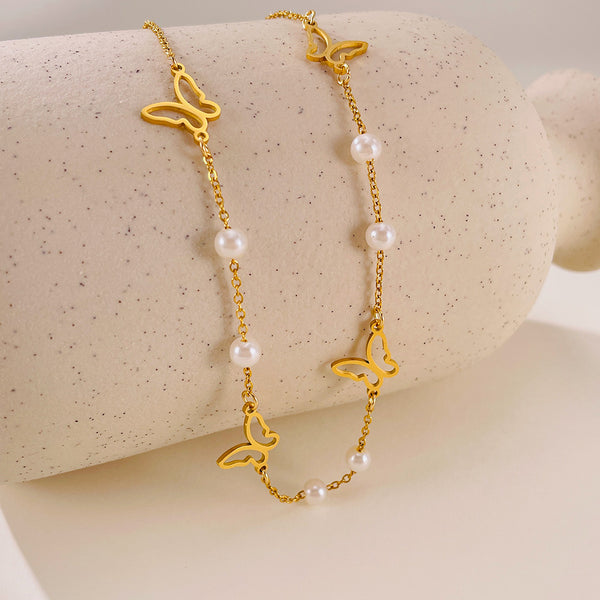 Women’s Butterfly Pendant Necklace – Gold Plated Titanium Stainless Steel with Faux Pearls – Dainty Hypoallergenic Chain Necklace – Elegant Nature-Inspired Jewelry-Women's Necklace-SunnyHouse Jewelry