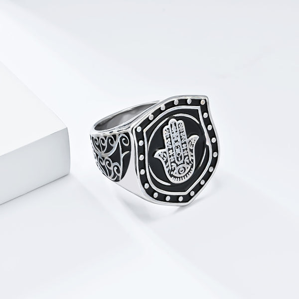 Men's Gold Titanium Stainless Steel Hamsa Hand Ring - Eye of Protection Engraved Vintage Signet Ring for Strength and Style-Men's Ring-SunnyHouse Jewelry