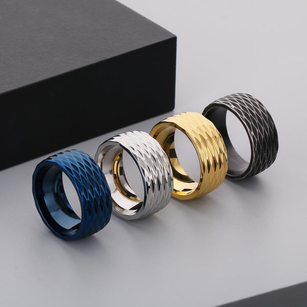 Men's Titanium Stainless Steel Ring – Wide Gold-Plated Band with Textured Diamond Pattern – Durable Fashion Ring for Men-Men's Ring-SunnyHouse Jewelry