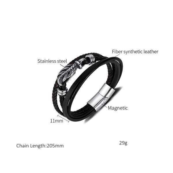Men’s Leather Bracelet with Feather Design – Braided & Smooth Leather Bands, Stainless Steel Magnetic Clasp, Durable Fashion Jewelry for Men-Men's Bracelet-SunnyHouse Jewelry
