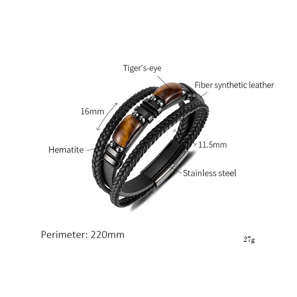 Men’s Tiger Eye Stone Bracelet – Titanium Stainless Steel & Black Braided Leather Wrap Bracelet – Natural Gemstone Jewelry for Men-Men's Bracelet-SunnyHouse Jewelry