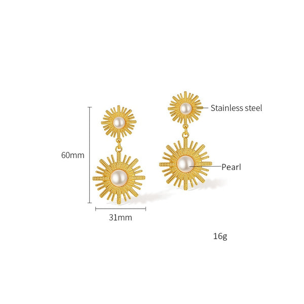 Women’s Gold Sunburst Pearl Drop Earrings – Elegant Double Sun Statement Earrings with Simulated Pearl, Fashion Jewelry for Women and Girls-Women's Earrings-SunnyHouse Jewelry
