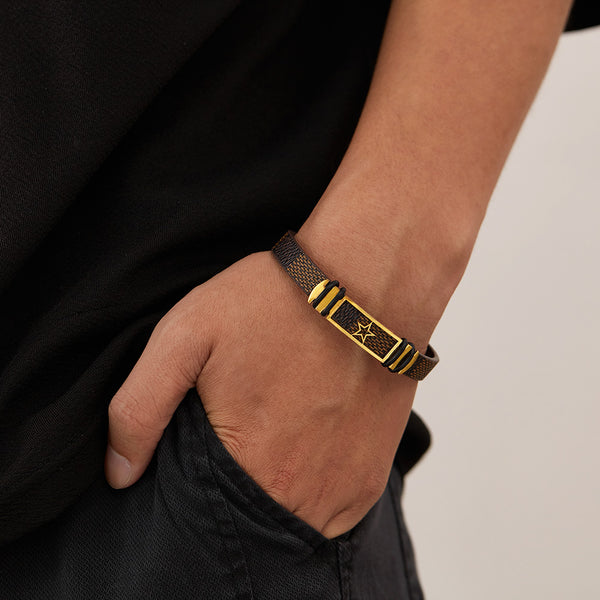 Men's Titanium Stainless Steel Bracelet with Textured Leather and Star Motif - Durable and Stylish Accessory-Men's Bracelet-SunnyHouse Jewelry