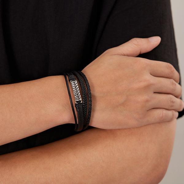Men's Multi-Strand Leather Bracelet with Stainless Steel Arrow Detail - Stylish and Versatile Accessory-Men's Bracelet-SunnyHouse Jewelry