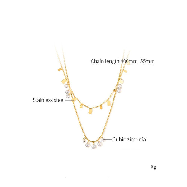 Women’s Layered Pendant Necklace – Gold Plated Titanium Stainless Steel with Crystal Charms and Bar Accents – Dainty Hypoallergenic Double Chain Jewelry-Women's Necklace-SunnyHouse Jewelry