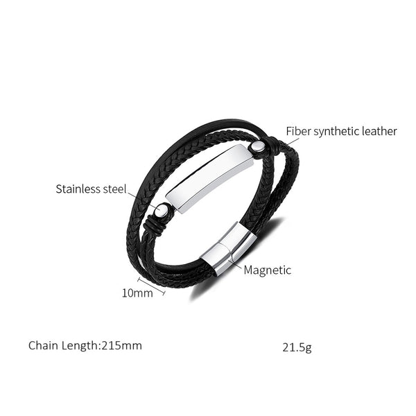 Men’s Braided Leather Bracelet with Stainless Steel Plate – Multi-Strand Black Leather Band, Magnetic Clasp, Durable Fashion Jewelry for Men-Men's Bracelet-SunnyHouse Jewelry