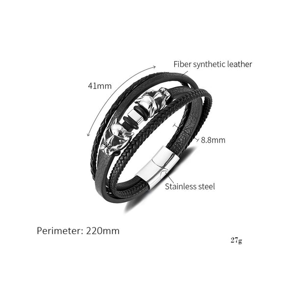 Men’s Wolf Head Bracelet – Titanium Stainless Steel & Black Braided Leather Wrap Bracelet – Norse Viking-Inspired Jewelry for Men-Men's Bracelet-SunnyHouse Jewelry
