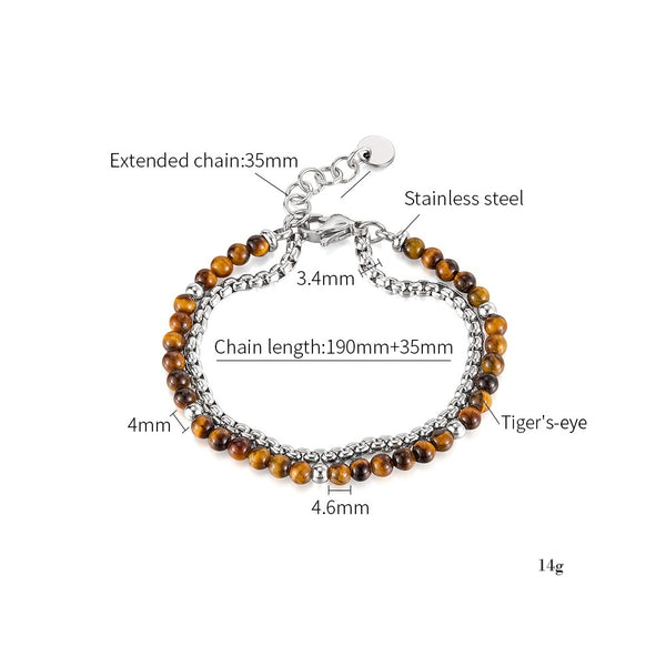Men’s Tiger Eye Beaded Bracelet with Stainless Steel Chain – Dual Strand Adjustable Bracelet with Lobster Clasp – Natural Stone & Steel Jewelry for Men-Men's Bracelet-SunnyHouse Jewelry