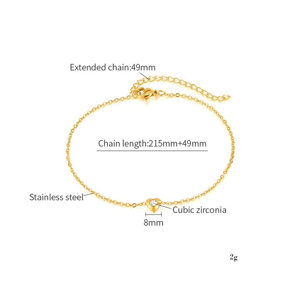 Women's Gold Titanium Stainless Steel Anklet with Heart Charm and Cubic Zirconia – Dainty Adjustable Chain Ankle Bracelet for Women and Girls-Women's Anklet-SunnyHouse Jewelry