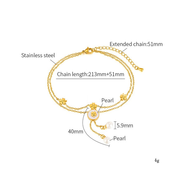 Women's Titanium Stainless Steel Anklet with Lucky Clover Charms and Pearl Pendants, Gold Plated Adjustable Double Layer Chain Foot Bracelet-Women's Anklet-SunnyHouse Jewelry