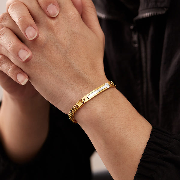 Men’s Titanium Stainless Steel Bracelet – Gold Plated Woven Chain with White Inlay & CZ Accent – Durable, Stylish & Hypoallergenic Jewelry for Men-Men's Bracelet-SunnyHouse Jewelry