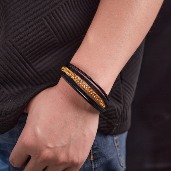 Elegant Men's Leather and Gold Plated Braided Bracelet – Modern, Versatile Design with Secure Clasp-Men's Bracelet-SunnyHouse Jewelry