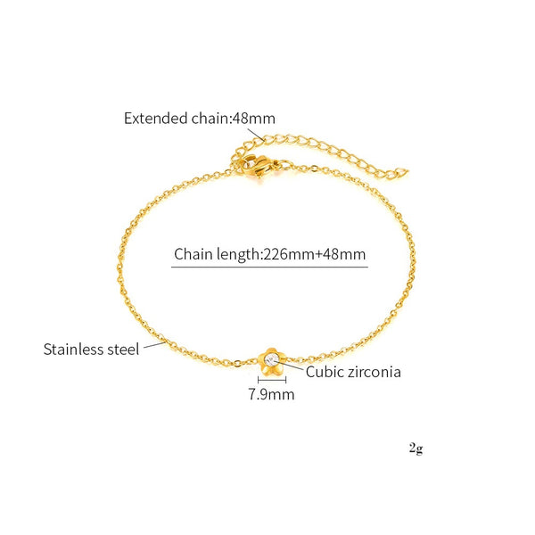 Women’s Gold Titanium Stainless Steel Anklet with Flower Charm and Cubic Zirconia – Dainty Adjustable Chain Ankle Bracelet for Women and Girls-Women's Anklet-SunnyHouse Jewelry