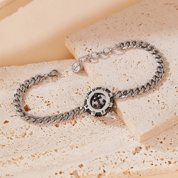 Titanium Stainless Steel Nautical Compass Men's Bracelet – Adjustable, Sleek Chain Link with Anchor Design-Men's Bracelet-SunnyHouse Jewelry