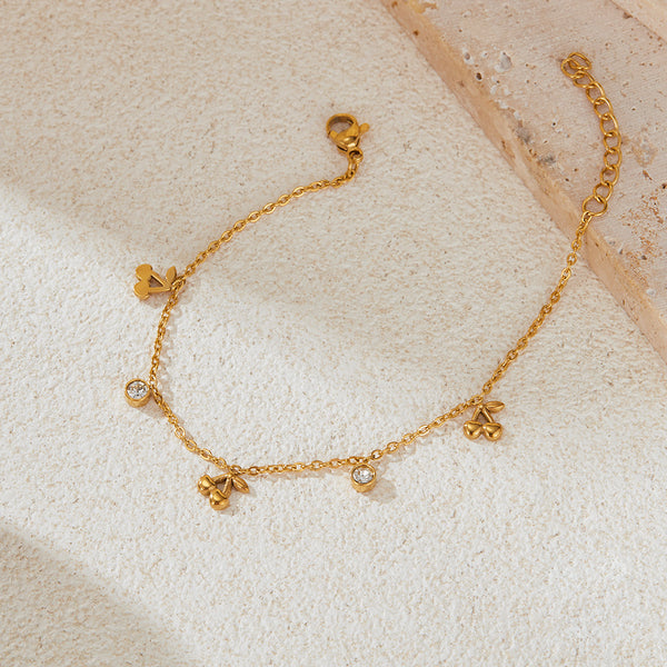 Women’s Titanium Stainless Steel Gold-Plated Cherry Charm Bracelet – Adjustable, Hypoallergenic, and Elegant Jewelry with Crystal Accents-Women's Bangle-SunnyHouse Jewelry