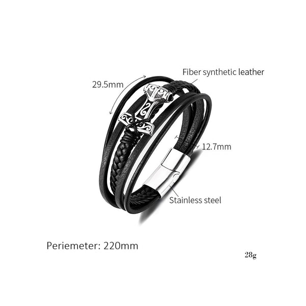 Men’s Viking Thor's Hammer Bracelet – Titanium Stainless Steel & Black Leather Braided Wrap Bracelet – Norse Mythology Jewelry for Men-Men's Bracelet-SunnyHouse Jewelry
