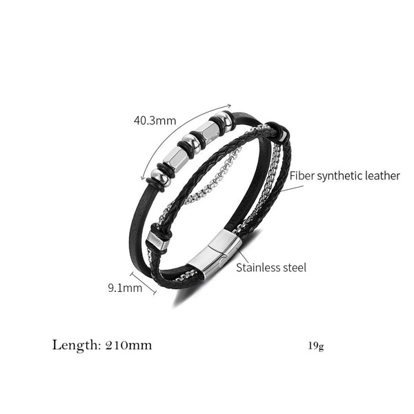 Men’s Titanium Stainless Steel Leather Bracelet – Multi-Strand Black Braided Leather and Chain with Silver Beads – Stylish Magnetic Clasp Wristband for Men-Men's Bracelet-SunnyHouse Jewelry