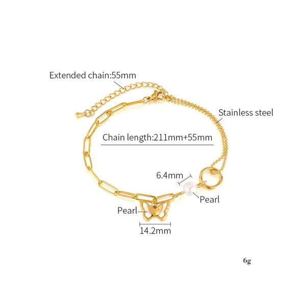 Women's Titanium Stainless Steel Anklet with Butterfly Charm and Pearl Bead, Gold Plated Adjustable Chain Link Foot Bracelet-Women's Anklet-SunnyHouse Jewelry