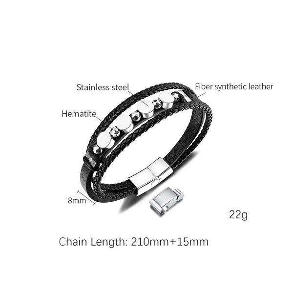 Men's Multi-Strand Leather Bracelet with Stainless Steel Discs – Modern Design, Magnetic Clasp-Men's Bracelet-SunnyHouse Jewelry