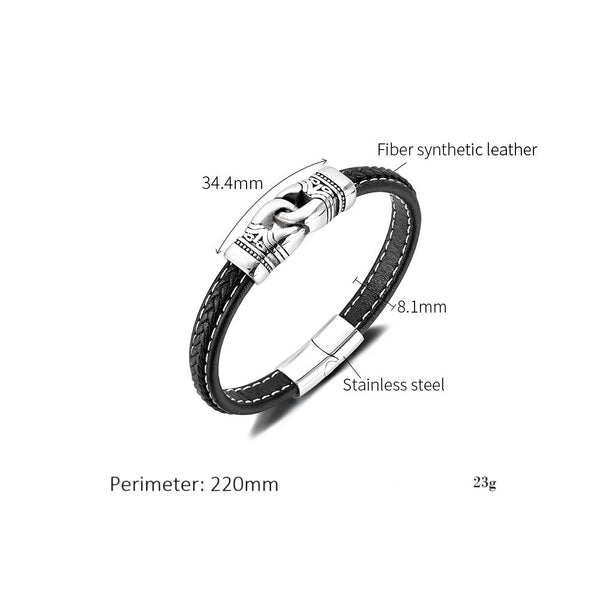 Men’s Leather Bracelet with Titanium Stainless Steel Link Accent – Braided Black Leather with Engraved Centerpiece & Magnetic Clasp – Stylish Viking-Inspired Jewelry for Men-Men's Bracelet-SunnyHouse Jewelry