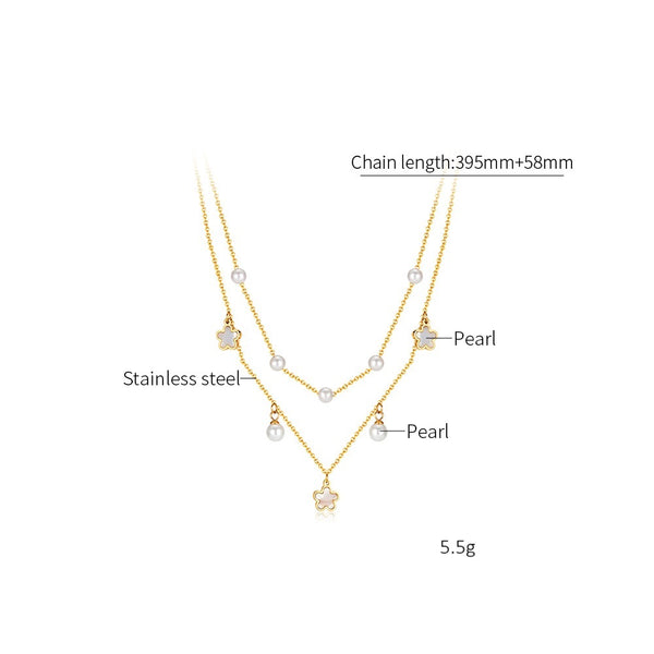 Women’s Simple Fashion Pendant Necklace – Layered Gold Chain with Pearl & Clover Charms, Dainty Fashion Jewelry for Everyday Wear and Special Occasions-Women's Necklace-SunnyHouse Jewelry
