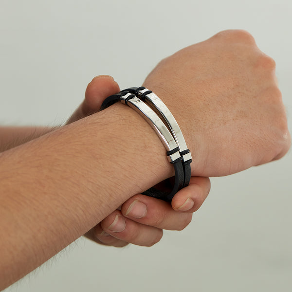 Men's Sleek Leather Bracelet with Polished Stainless Steel Bar - Minimalist and Stylish Accessory-Men's Bracelet-SunnyHouse Jewelry