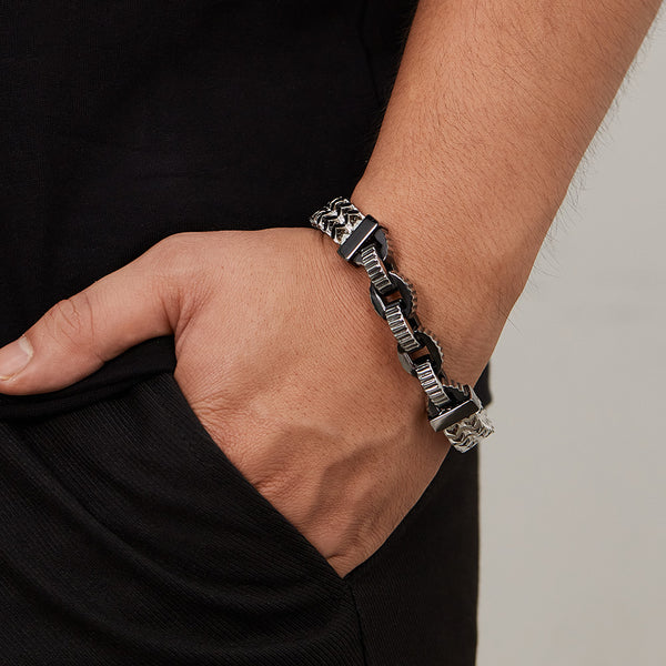 Men’s Stainless Steel Chain Bracelet – Two-Tone Black & Silver Link Design, Heavy-Duty Cuban Chain Style with Fold-Over Clasp, Durable Men’s Fashion Jewelry-Men's Bracelet-SunnyHouse Jewelry