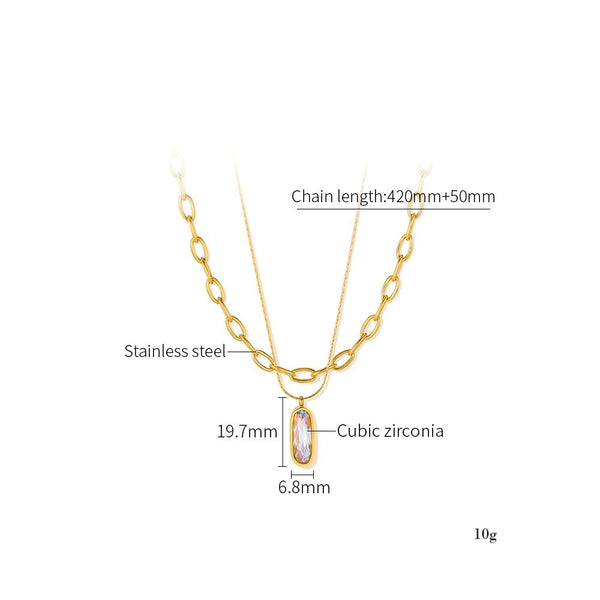 Women’s Layered Pendant Necklace – Gold Plated Titanium Stainless Steel – Double Chain Design with Iridescent Crystal Charm – Elegant Hypoallergenic Jewelry-Women's Necklace-SunnyHouse Jewelry