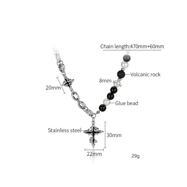 Women’s Titanium Stainless Steel Cross Pendant Necklace, Gothic-Inspired with Black and White Pearl Beads – Unique Fashion Statement Necklace-Women's Necklace-SunnyHouse Jewelry