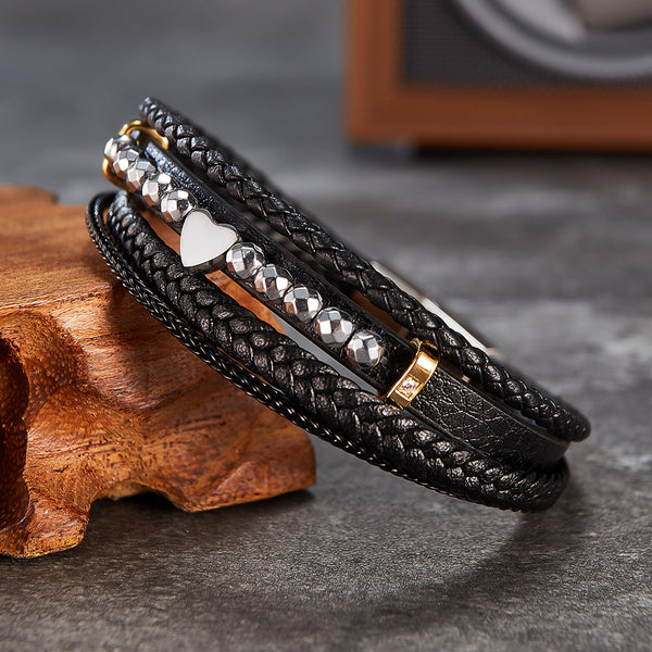 Men's Multi-Strand Leather Bracelet with Heart and Stainless Steel Beads – Stylish, Magnetic Closure-Men's Bracelet-SunnyHouse Jewelry