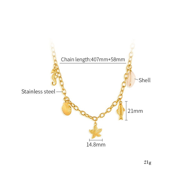 Women’s Titanium Stainless Steel Ocean Charm Pendant Necklace – Gold-Plated Chain with Starfish, Shell, Fish, Seahorse & Cowrie Charms, Hypoallergenic Summer Jewelry-Women's Necklace-SunnyHouse Jewelry