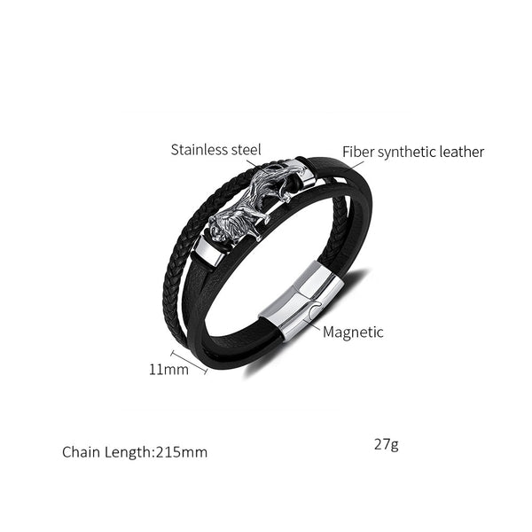 Men’s Leather Bracelet with Wolf Head Design – Braided Leather & Stainless Steel Magnetic Clasp, Durable Fashion Jewelry for Men-Men's Bracelet-SunnyHouse Jewelry