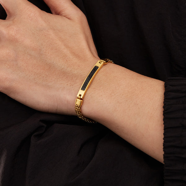 Men’s Titanium Stainless Steel Bracelet – Gold Plated Mesh Chain with Black Carbon Fiber Inlay – Durable, Stylish, and Hypoallergenic Jewelry for Men-Men's Bracelet-SunnyHouse Jewelry