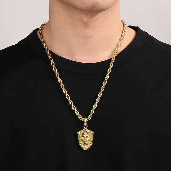 Men’s Titanium Stainless Steel Skull Pendant Necklace – Gold-Plated Shield Design with Crystals – Durable Fashion Necklace for Men-Men's Pendant Necklace-SunnyHouse Jewelry