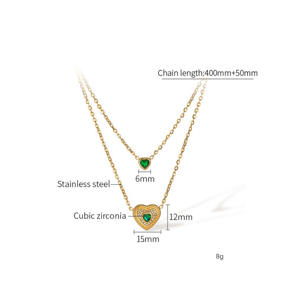 Women's Titanium Stainless Steel Double Layer Heart Pendant Necklace, Gold-Plated with Green Crystal Accents – Fashion Jewelry for Casual and Special Occasions-Women's Necklace-SunnyHouse Jewelry