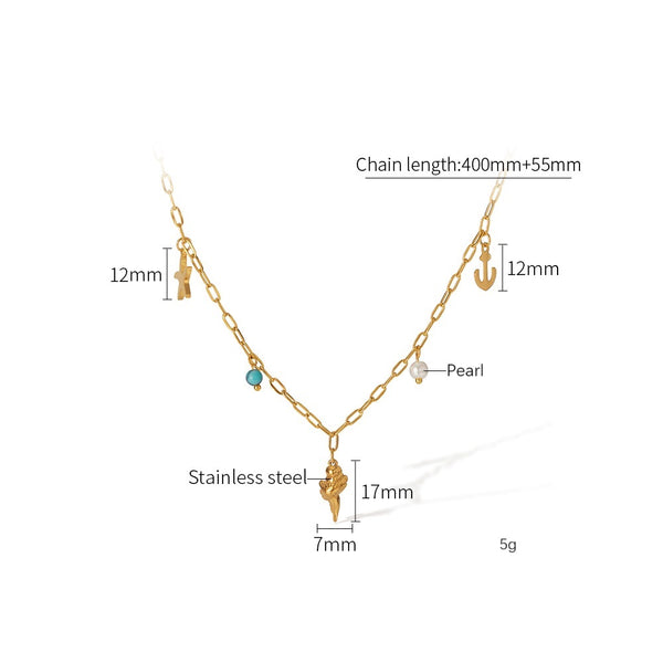Women’s Titanium Stainless Steel Nautical Charm Pendant Necklace, Gold-Plated with Anchor, Shell, and Pearl Charms – Trendy Jewelry for Everyday Wear-Women's Necklace-SunnyHouse Jewelry