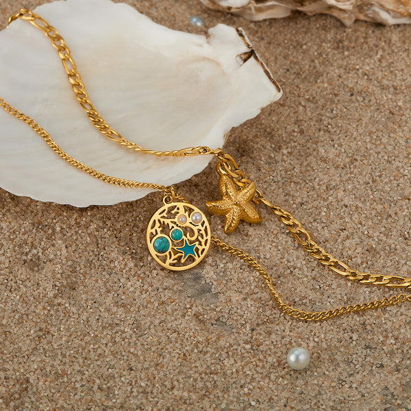 Women’s Fashion Pendant Necklace – Double Layer Gold Starfish & Ocean Round Pendant with Turquoise Inlay – Beach Jewelry for Women-Women's Necklace-SunnyHouse Jewelry