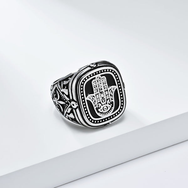 Men's Hamsa Hand Ring - Vintage Black Engraved Signet Ring for Protection and Style-Men's Ring-SunnyHouse Jewelry